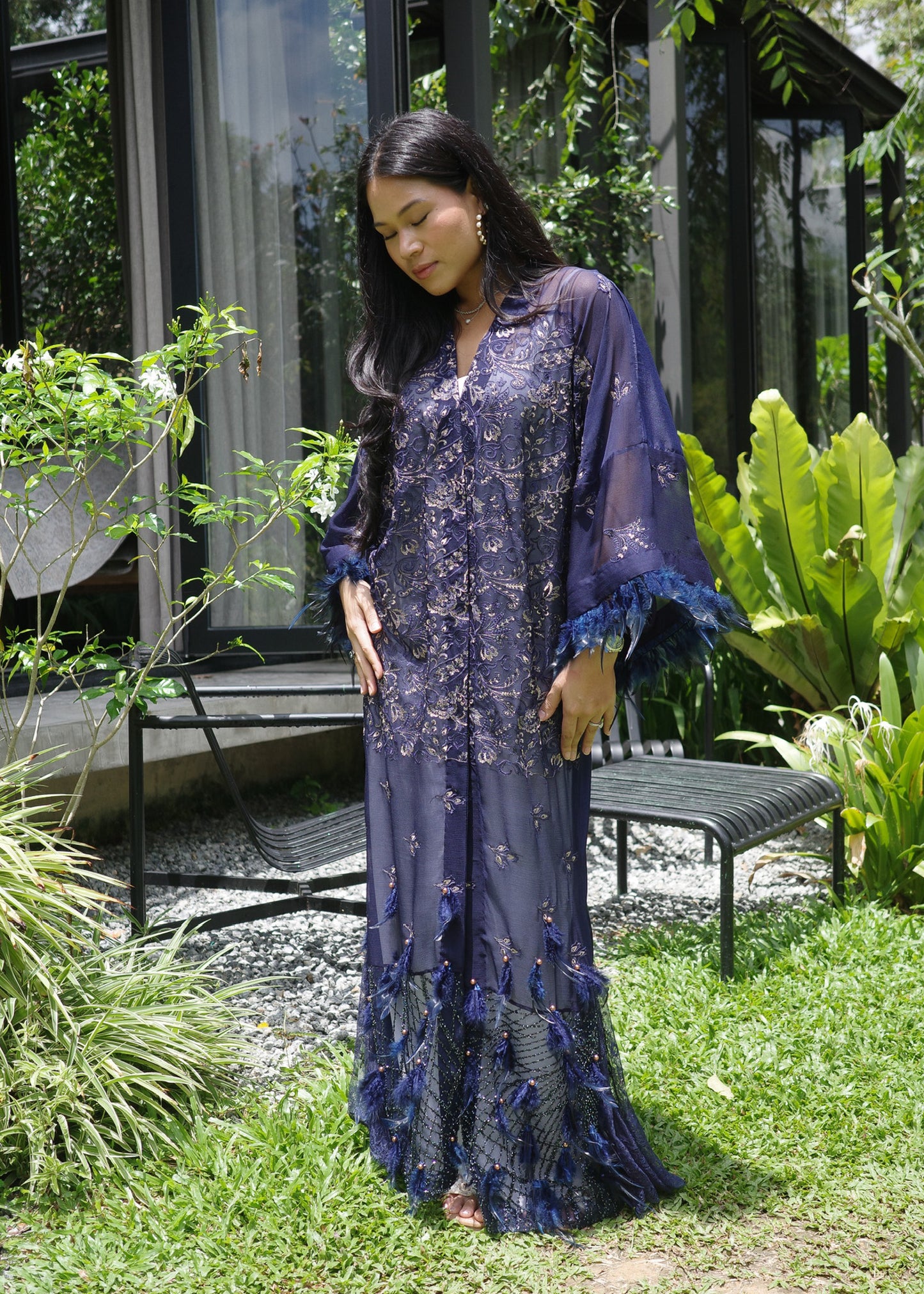 Embroided Navy Blue Abaya with Feathers