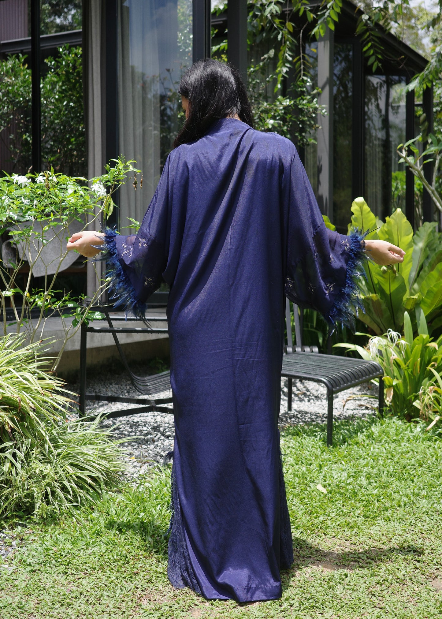 Embroided Navy Blue Abaya with Feathers
