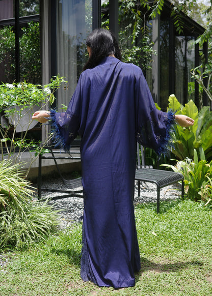Embroided Navy Blue Abaya with Feathers