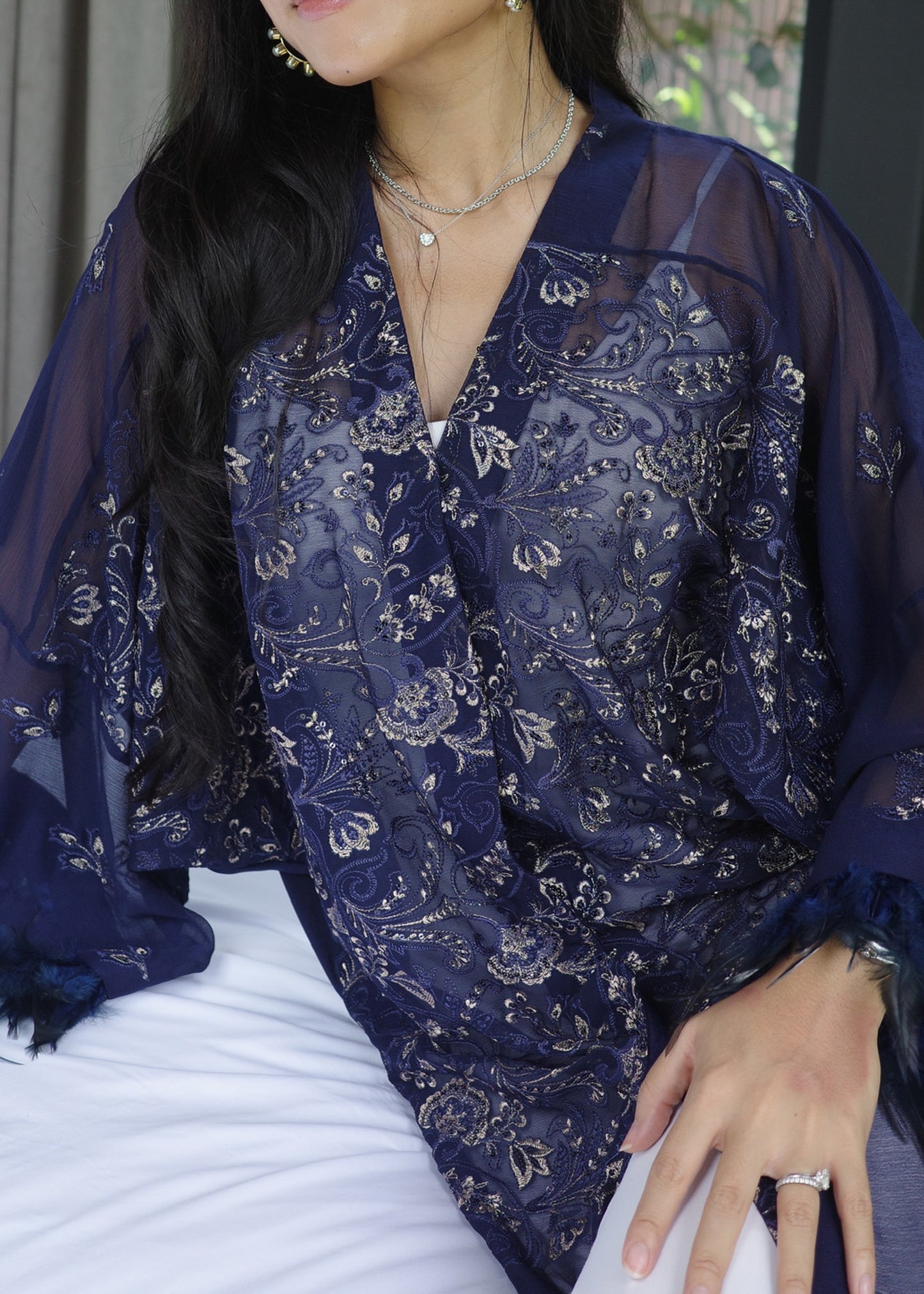 Embroided Navy Blue Abaya with Feathers
