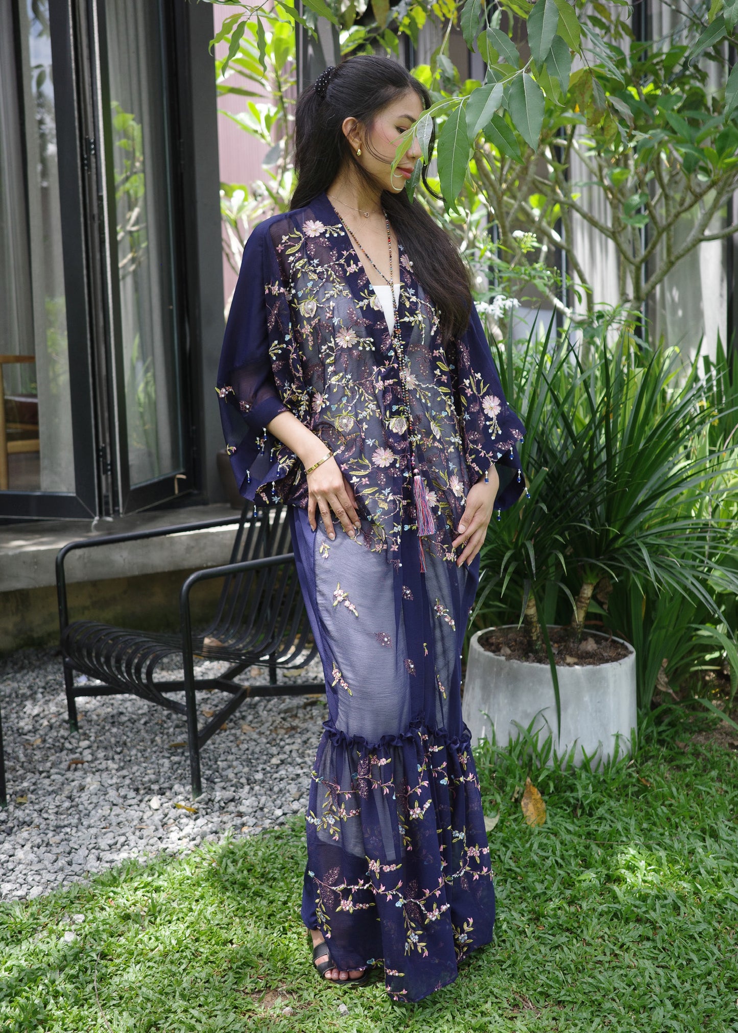 Multicoloured Chiffon Silk Outerwear with Tassels