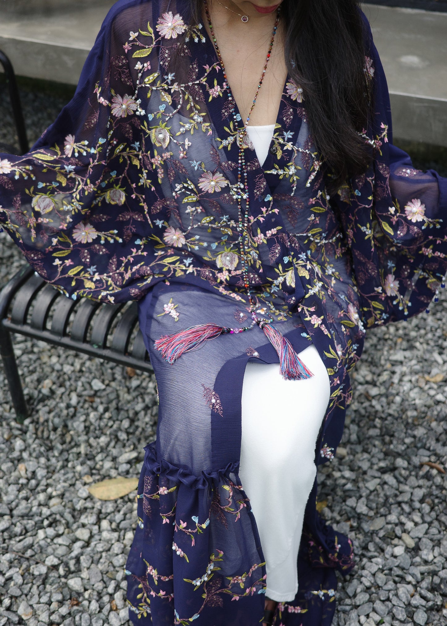 Multicoloured Chiffon Silk Outerwear with Tassels