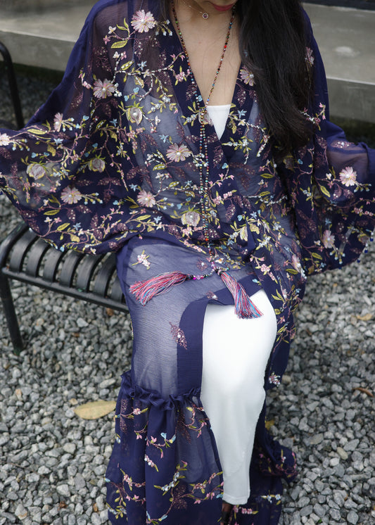 Multicoloured Chiffon Silk Outerwear with Tassels